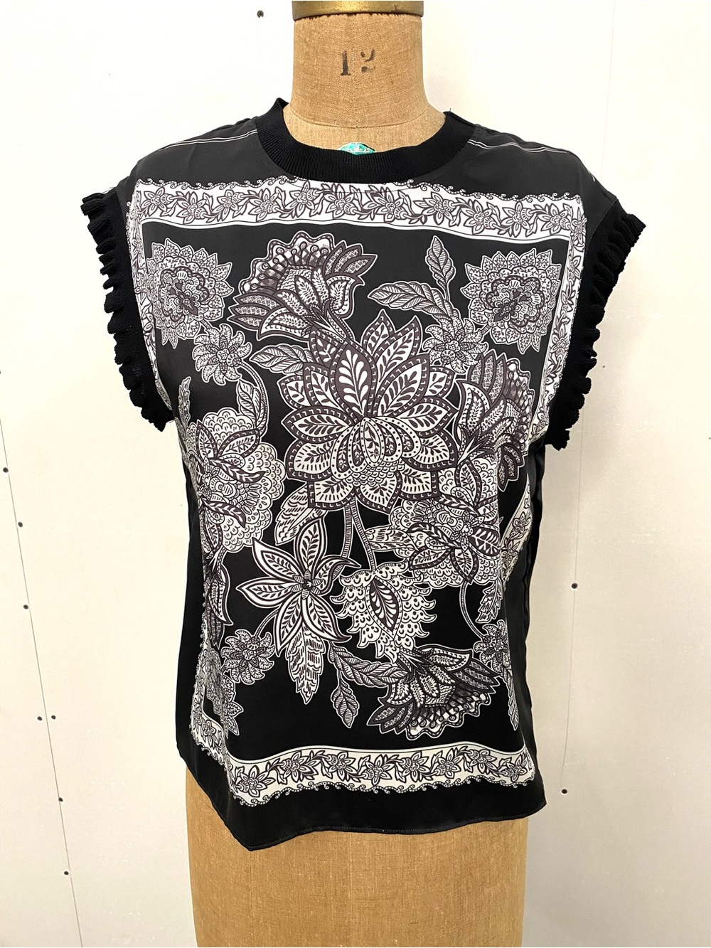French  Black Floral-Print Ruffle Sleeve Tank